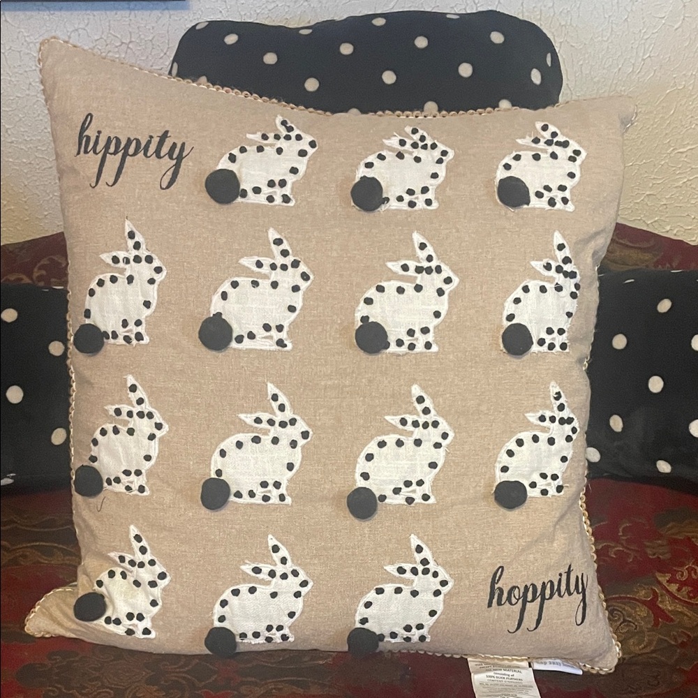Tan Pillow with Black and White Easter Bunny Design